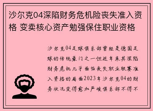 沙尔克04深陷财务危机险丧失准入资格 变卖核心资产勉强保住职业资格